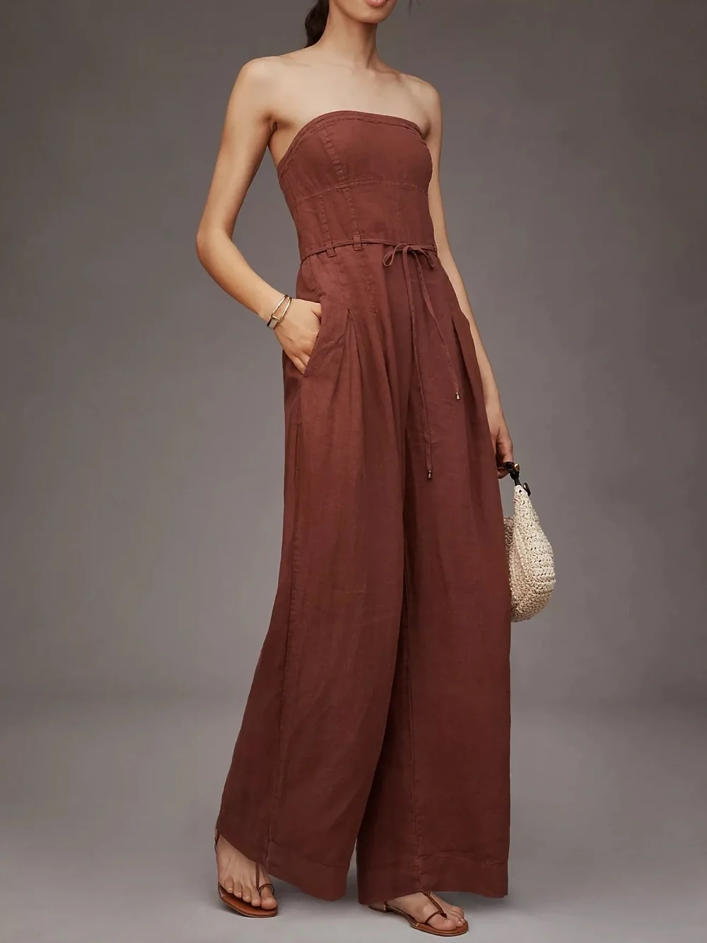 Anthropologie Linen Strapless Trouser Jumpsuit